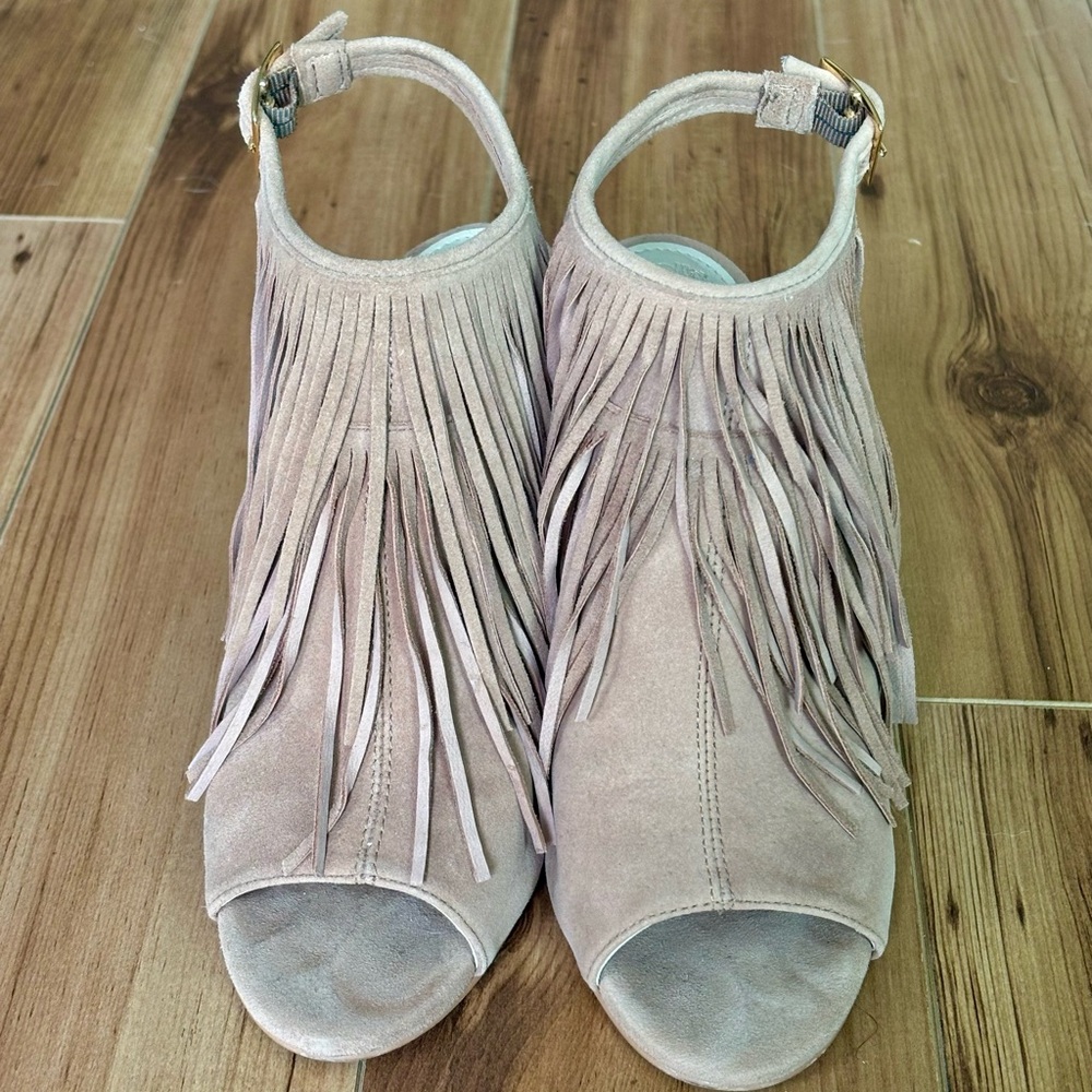 Vince Camuto Fringe Suede Open-Toe Heels in Tan - Size 5.5